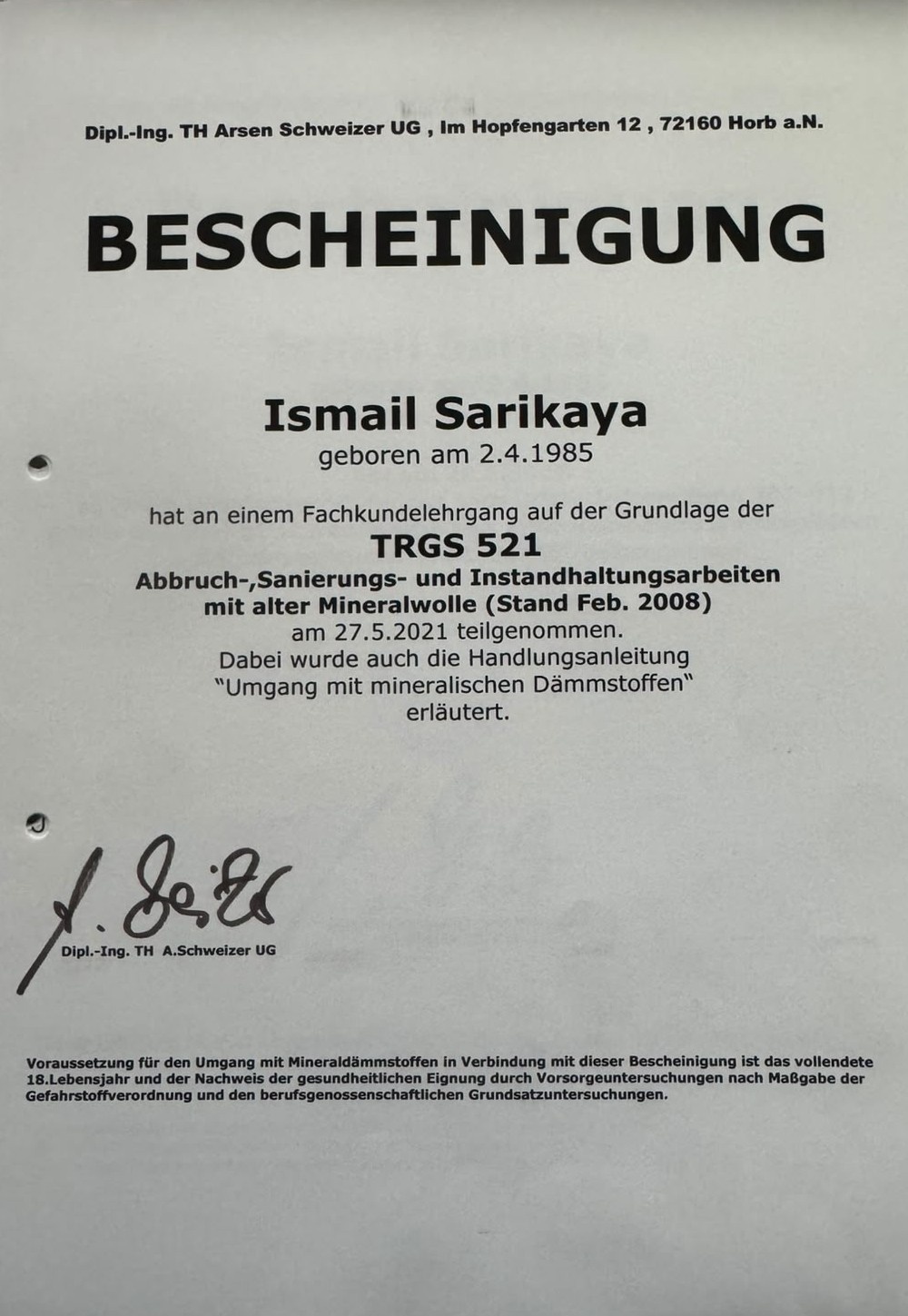 TRGS 519 Anlage 3 Sachkundenachweis